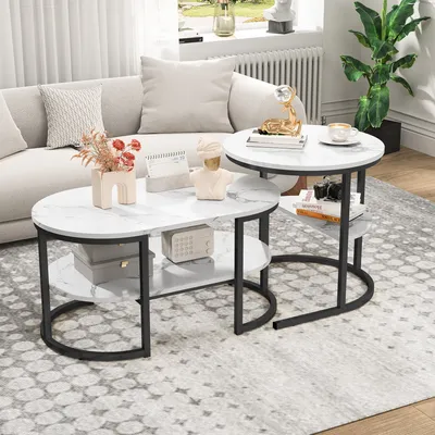 Obrázok produktu pre Fortuna Lai konferenčný stolík set 2, set stolov s mramorovým efektom, set stolov do obývačky s kovovým rámom, moderný rozkladací stolík do obývačky, spálne, kancelárie, max. 50 kg (čierny)