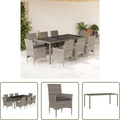 Image de The Living Store 9-pièces salon de jardin avec coussins Gris Poly rotin et verre