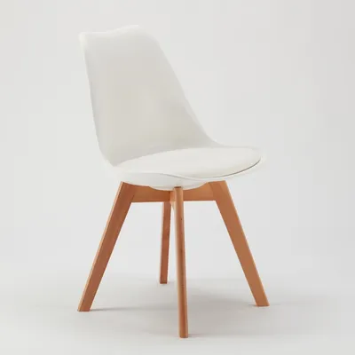 A white chair with wooden legs is shown against a white background.
