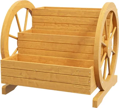 Zdjęcie produktu dla Skrzynka na kwiaty na kółkach wozu 61 x 62 x 57 cm Odporna na warunki atmosferyczne Wodoodporna 3-poziomowe otwory drenażowe Drewno jodłowe, teak