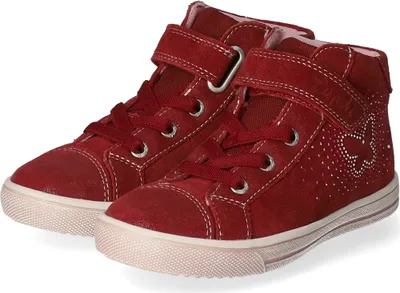 A pair of red high-top sneakers for children.