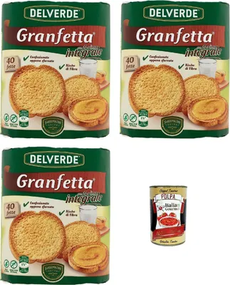 Produktbild von Delverde Granfetta Fette Biscottate Integrali mit Vollkornmehl 40 fette Vollkorn Zwieback Kekse 3x 300g + Italian Gourmet polpa 400g