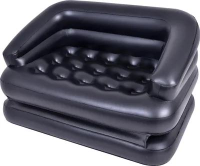 A black inflatable sofa bed is shown from a slightly elevated angle against a white background.