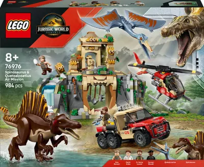 Productafbeelding van LEGO Jurassic World Spinosaurus & Quetzalcoatlus: Helikopteractie – 2 speelgoeddinosaurs, een helikopter, een vrachtwagen en 4 minifiguren – Cadeau voor jongens en meisjes vanaf 8 jaar – 76976