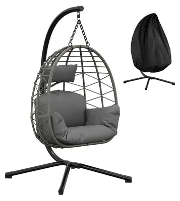 Immagine prodotto di Sedia a dondolo a forma di uovo in rattan - struttura in metallo - cuscino e poggiatesta impermeabili con copertura antipioggia - adatta per interni, esterni, balconi e giardini - colore grigio