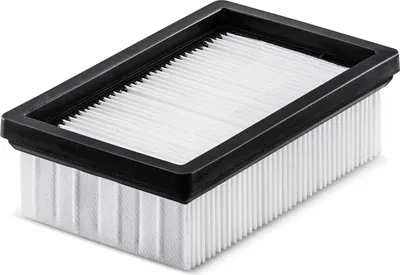 A rectangular air filter with pleated white filter material and a black frame.