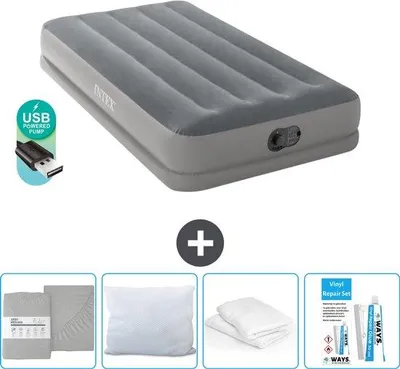 Obrázok produktu pre Jednolôžko – 99 x 191 x 30 cm – šedé – s pumpou – posteľná bielizeň – vankúš – sada na opravu a chránič vankúša