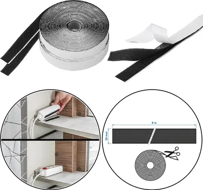 Productafbeelding van Zelfklevende klittenbandrol 20 mm, 8 meter, zwart – extra sterke hechting, afsnijbaar. Klittenband met haak- en luszijde voor gebruik in huis en in campers