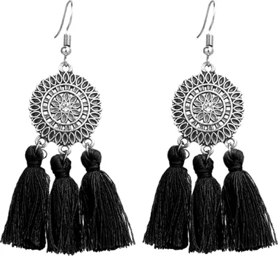 Produktbild von Ohrringe im Bohemian-Stil, charmanter Look, Legierung, Sonnenblumen-Quaste, baumelnde Schmuck-Ohrringe zum Geburtstag-Schwarz