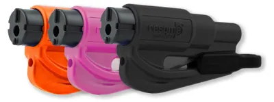 Productafbeelding van resqme, driestuks familiepakket, het originele noodontsnappingssysteem voor auto's, sleutelhanger, 2-in-1 veiligheidsgordelsnijder en raambreekapparaat, gemaakt in de VS, verkrijgbaar in de kleuren oranje, zwart en roze