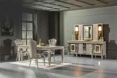 Produktbild von Esszimmer Set Grau 4x Stühle Esstisch Anrichte Spiegel Elegantes Design 7tlg.