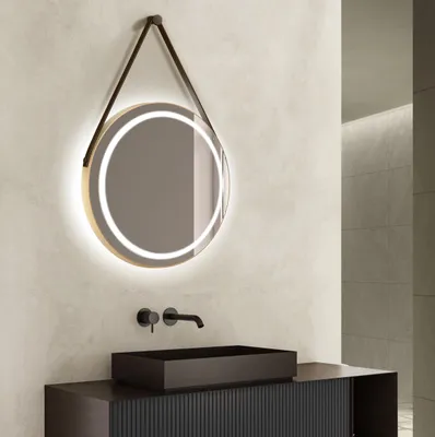 Produktbild von LED Wandspiegel 50 cm, gold, Alurahmen, neutralweiß, IP24, Lederband