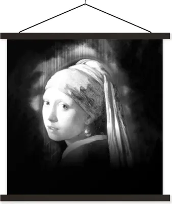 Produktbild von MuchoWow® Textilposter Das Mädchen mit dem Perlenohrring - Johannes Vermeer - Schwarz und weiß 120x120 cm mit schwarzem Rahmen - Aufhängungsset