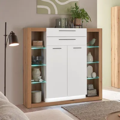 Produktbild von Wohnzimmer-Set mit 2 Vitrinenschränken & Highboard in Eiche mit weiß matt, inkl. LED Beleuchtung, modern 3 teilig BELLAGIO-61