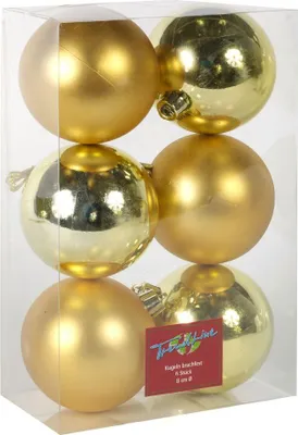 A clear, well-lit studio shot of a box of six gold Christmas ornaments.
