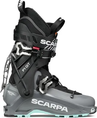 Schwarzer und grauer Scarpa F1 GT Wmn Skischuh mit Metallverschlüssen und Klettband mit Logo