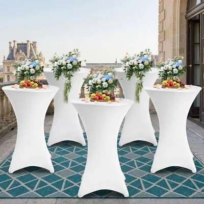 Produktbild von Ikodm 5er Set Stehtischhusse Stretch Weiß – Elastische Husse für Bistrotisch Ø 70–75 × 110 cm mit 4 Fußlaschen