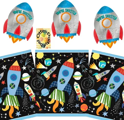 Produktbild von Weltraum-Rakete-Party-Set Erweiterung für 8 Astronauten 8 Einladungen + 8 Mitgebseltüten