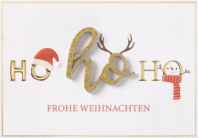 Produktbild von Weihnachten Lettering Weihnachtskarte mit Umschlag Ho Ho Ho Weihnachtsmütze Geweih Schneemann