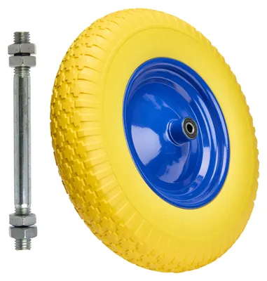 Produktbild von GARRONDA PolyurethanVollgummirad 4.80/4.00-8 pannensicher wartungsfrei bis 100 kg Schubkarrenrad Ersatzrad Schubkarre mit Achse Stahlfelge Kugellager für Gartenwagen Hof Baustelle GD-0165, Gelb-Blau