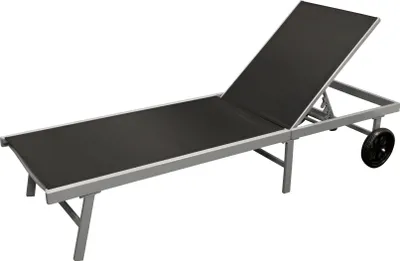A black and silver chaise lounge with wheels on a white background.