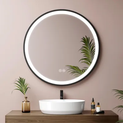 Obrázok produktu pre EMKE LED kúpeľňové zrkadlo okrúhle s priemerom 70 cm LED zrkadlo kúpeľňové zrkadlo s osvetlením 3 farby svetla 3000-6500K studená biela neutrálna teplá biela stmievateľné osvetlené zrkadlo s dotykovým spínačom IP44 úsporné (čierne prevedenie)