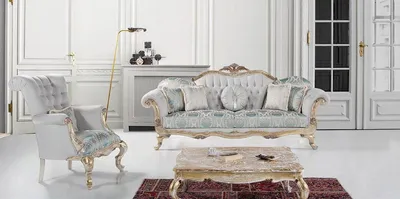 Produktbild von Casa Padrino Luxus Barock Wohnzimmer Set Grau / Türkis / Weiß / Gold - 2 Sofas mit Muster & 2 Sessel mit Muster & 1 Couchtisch - Prunkvolle Barock Wohnzimmer Möbel
