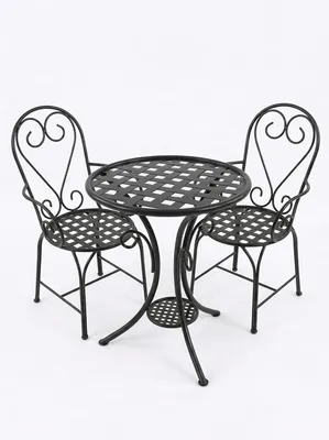 Produktbild von Bistro-Set Metall 3-teilig, 2 Stühle mit Armlehnen und runder Tisch, handgefertigtes Schmiededesign, schwarz, für Garten, Balkon und Terrasse