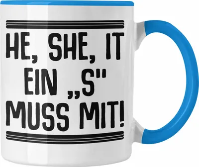 Produktbild von Trendation - Englischlehrer Tasse Geschenk He She It Englischlehrerin Geschenkidee Spruch Grundschule (Blau)