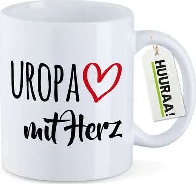 Produktbild von Huuraa Kaffeetasse Uropa mit Herz 330ml Weiß Keramik Kaffeebecher Geschenkidee