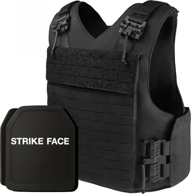 Obrázek produktu pro Nastavitelná taktická vesta + 2 balistické pláty NIJ IV, Linovit®, pro airsoft, paintball, střelbu, outdoor, lov, materiál 1000D Oxford, systém MOLLE, odolná proti průbojným střelám 7,62 x 63 mm M2 AP, černá barva