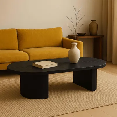 Produktbild von Moderner ovaler Couchtisch (120 cm) mit schwarzem Holzeffekt - Oviala Trinity