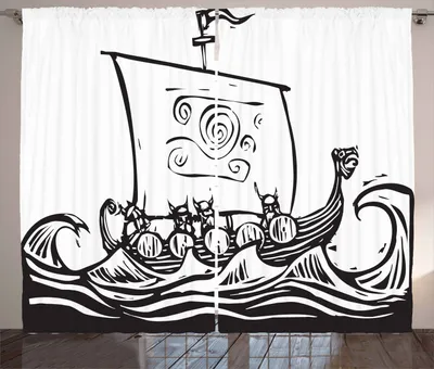 Produktbild von ABAKUHAUS Wikinger Rustikaler Vorhang, Langes Boot auf einer Quest-Skizze, Wohnzimmer Universalband Gardinen mit Schlaufen und Haken, 280 x 225 cm, Weiß Schwarz