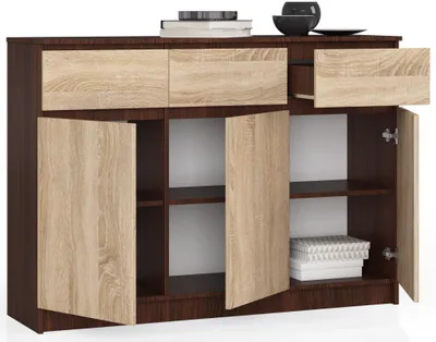 Obrázek produktu pro Komoda 138 cm se 3 zásuvkami a 3 dvířky, příborník, skříň, kredenc, výška 99 cm