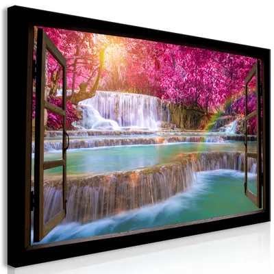 Produktbild von Wandbild Mega XXXL Fensterblick 250x125 cm Einteiliger XXL-Format Kunstdruck zur Selbstmontage Leinwandbilder moderne Bilder DIY Wanddekoration Wohnung Deko Wasserfall c-C-0375-ak-e