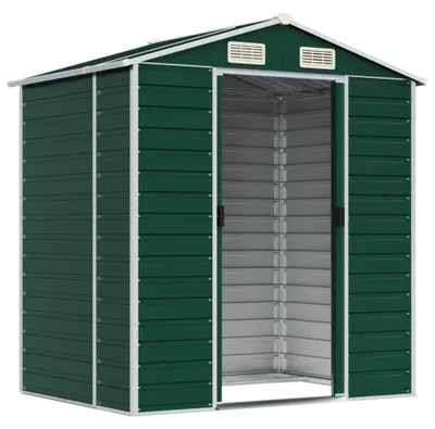 Obrázek produktu pro Skladovací budka na nářadí, zelená barva - 191x130x198 cm - Pozinkovaná ocel - Větrání, vhodná pro skladování v zahradě