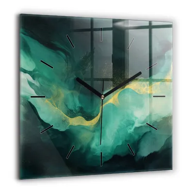 Obrázok produktu pre Wallfluent Hodiny - Sklenené Nástenné Hodiny - Tichý Quartz Strojček - Nástenná Dekorácia Spálňa Kuchyň - Čierna Ruky - 60x60 cm - Zelený mramor