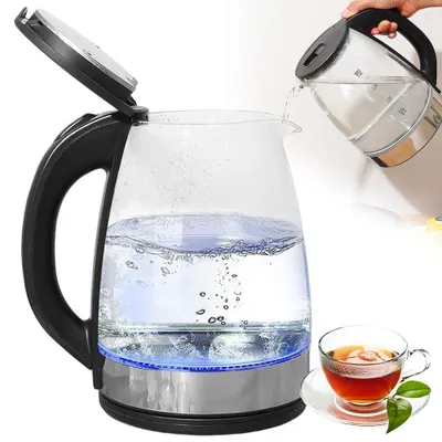 Produktbild von Glas Wasserkocher Wasserkocher 2,0L 1500W Kabellos Glas Edelstahl 360 Grad Basis Auto Abschaltung Trockengehschutz für Tee und Kaffee