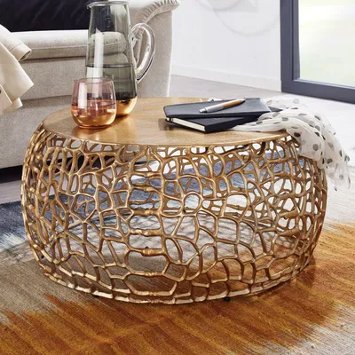 Produktbild von FineBuy Couchtisch Rund 66cm aus Aluminium & Metall Gold, Design Wohnzimmertisch mit organischer AST-Struktur, Moderner Sofatisch, Beistelltisch