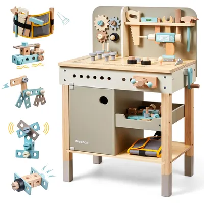 Productafbeelding van Speelgoedset – Houten werkbank – Gereedschapsriem – Met hamer/schroevendraaier – Duurzaam speelgoed – Voor peuters van 3-5 jaar – Speelwerkbank
