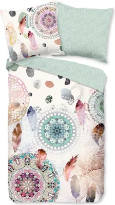 A bedding set with a pastel mandala and feather pattern, including a duvet cover and pillow.