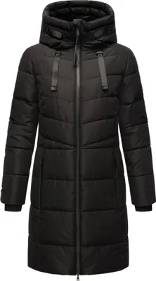 Produktbild von Marikoo Damen Winter Steppjacke Vegan Teddyfell gefüttert Steppmantel Jacke lang warm Mantel Parker Kragen mit Tunnelzug am Kapuze Natsukoo XVI Schwarz Gr: 42 - XL
