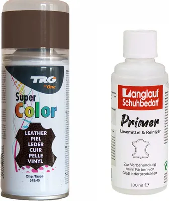 Produktbild von TRG Lederfarbspray 150ml Dose + Primer Lederreiniger 100ml - Color Spray, Farbspray Schnelltrocknend, Abriebfest - zum Färben aller Glattleder und Kunstleder taupe 345/45