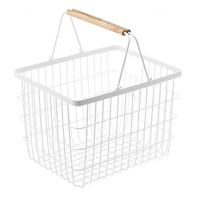 Obrázek produktu pro Bílý kovový koš na prádlo s dřevěnými rukojeťmi, výška 38,5 cm
