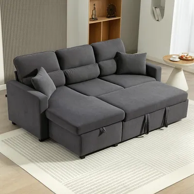 Produktbild von Schlafsofa L-Form mit Stauraum, Ecksofa Bettfunktion Cordstoff, Dunkelgrau | 205 x 135 x 76 cm | wendbare Chaiselongue | 38 kg