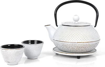 Produktbild von Echtwerk Teeservice Gusseisen Teekanne 0,8 L Teebereiter inkl. Untersetzer 2 Teetassen Teekannen-Set Vintage-Design Creme, Farbe:Creme