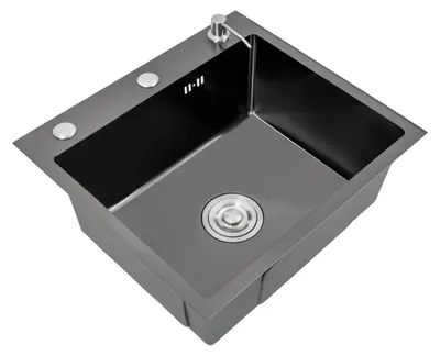 Immagine prodotto di Lavello in acciaio inossidabile - Lavello da cucina con un solo vano - 50 x 45 cm - Profondità 20 cm - Un foro per il rubinetto - Completo di rubinetto e dispenser per sapone - Finitura opaca nera