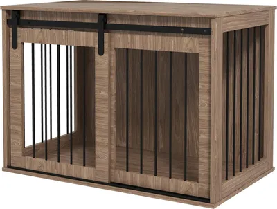 Productafbeelding van Hondenkooi, hondenverblijf met schuifdeur, binnenkennel met houtlook, voorzien van vergrendeling, geschikt voor grote honden tot 30 kg, afmetingen 98 x 58 x 67 cm, walnootkleur