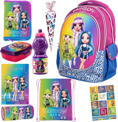 Produktbild von Set 9er Rainbow High Motiv Schulranzen Ranzen Federmappe Brotdose Trinkflasche Aufgabenheft Zuckertüte geeignet ab der ersten Klasse der Grundschule
