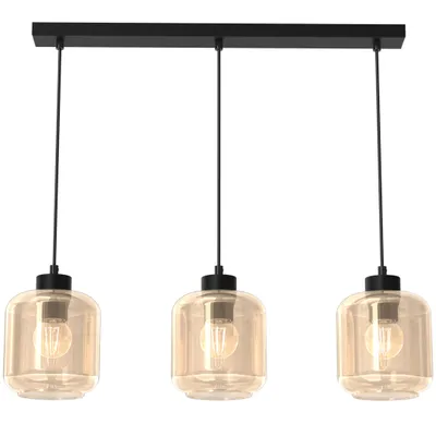 A black pendant light fixture with three amber glass shades and exposed bulbs, shown against a white background.